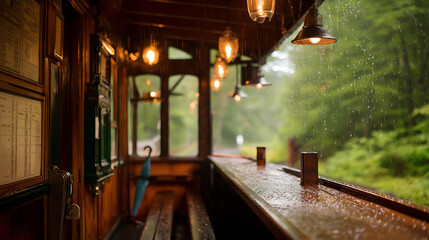 Cozy Wooden Train Cabin Interior with Rainy Day Forest Views and Bar Counter for Ultimate Relaxation and Travel Nostalgia