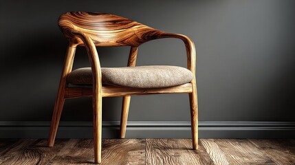Elegant wood chair with textured seat against a dark gray wall