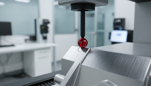 Coordinate Measuring Machine CMM with ruby tip probe measuring steel part