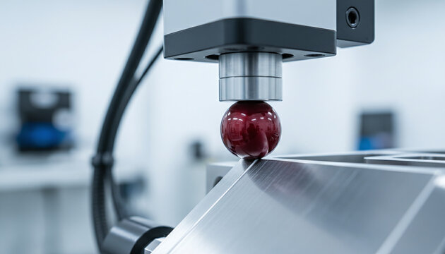 Coordinate Measuring Machine CMM with ruby tip probe measuring steel part