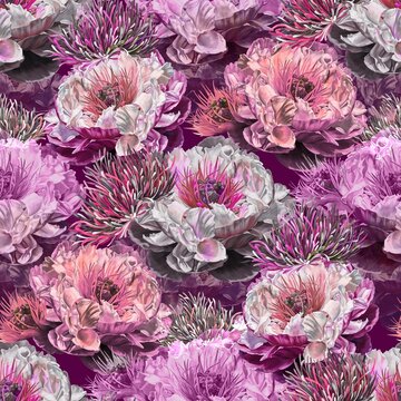 Abstract watercolor peony flower creative allover design seamless floral pattern new concept textile design flower digital creators art repeating design dark Magenta colour background stock design 