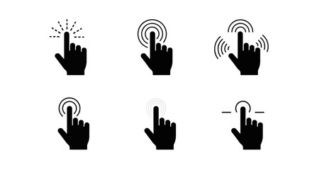 Fototapeta premium Collection of Six Dark Gray Icons Depicting a Human Finger Interacting with a Digital Interface Each with Distinct Visual Effects Suggesting Touch Gestures and Commands