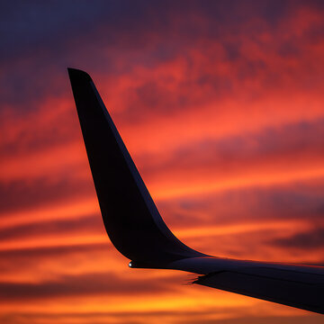 Silhouette of a commercial airplane winglet against a vibrant orange and red sunset sky with dramatic clouds during a high altitude flight at dusk