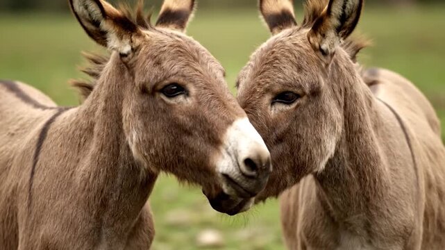 Two donkeys face the camera. Their ears nearly touch. Soft brown fur and background