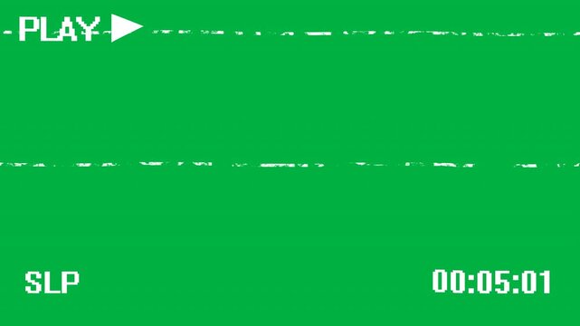 A retro VHS overlay on a green screen displays a "PLAY" icon, "SLP" mode, and ticking timer, animated with white static noise and tracking glitches to simulate a vintage recording interface