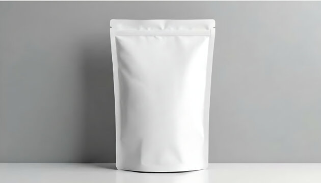 A white stand-up pouch with a resealable zipper on a clean surface
