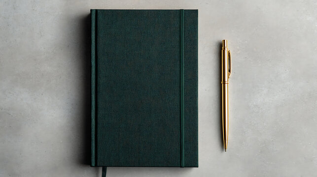 Dark green textured notebook with an elastic closure band and a sleek gold pen placed on a neutral gray stone surface, top view of professional stationery for journaling and planni
