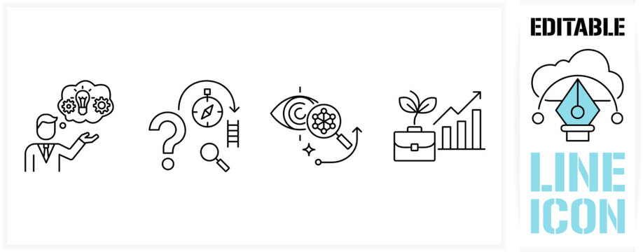 Editable line icon set in a black simple and clean vector outline stroke for creativity to help see business opportunity, vision discover new solution or idea, curiosity, searching for success concept