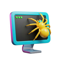 3d rendered image of a spider emerging from a computer screen with a surprised expression