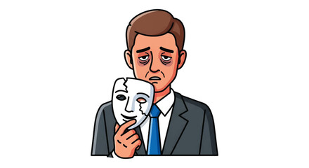Depressed Businessman Holding Broken Happy Mask Vector Illustration