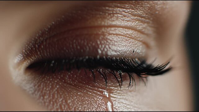 Close up of a Sad Blue Eye with a Tear Rolling Down.