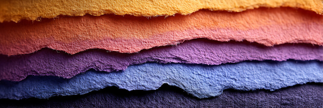 Stacked layers of colorful handmade paper with torn deckle edges in vibrant shades of orange, pink, purple, and blue creating a tactile abstract texture