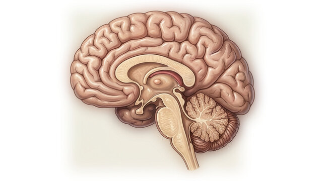 Detailed view of brain cross section highlighting different parts and structures for educational purposes in medical science