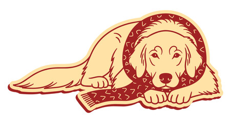 Fototapeta premium lying golden retriever dog wearing a red scarf doodle sketch