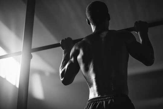 Fit man training muscles with pull up bar