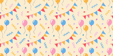 Festive pattern featuring colorful balloons and triangular party flags © Kopil