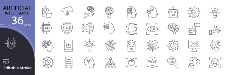 Artificial Intelligence icon set. Technology and AI related line icons: robot, machine learning, neural network, data, automation, algorithm, chatbot, computer, smart system and more. Editable stroke. © khansa
