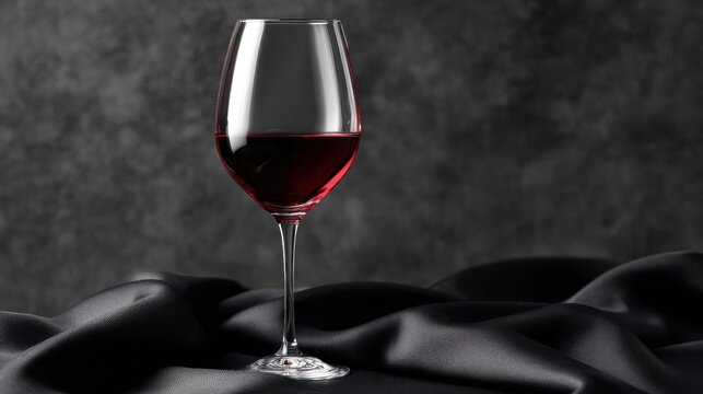 Crystal wine glass with deep red wine on black satin surface against dark background with low-key lighting and reflections