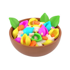 3d rendered colorful fruits in a wooden bowl with green leaves on top