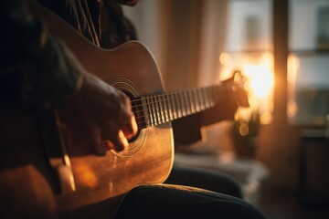 Fototapeta premium Man playing acoustic guitar in sunlit room