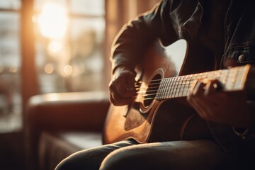 Fototapeta premium Relaxed man strumming guitar in sunny living room