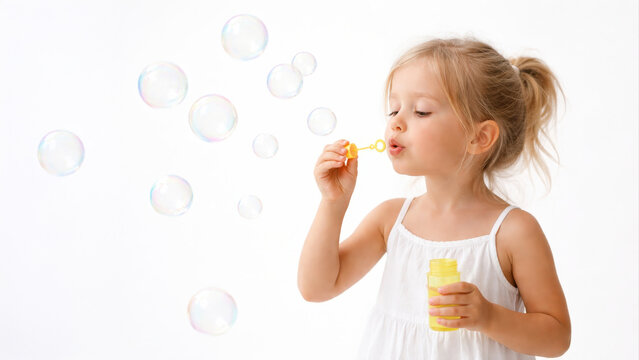 Little blonde girl blowing soap bubbles while playing joyfully, isolated on white or transparent background, wearing white dress