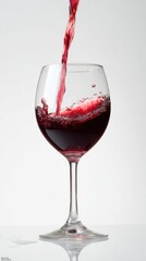 Wine is pouring into a crystal glass with splash captured in bright light on a white background