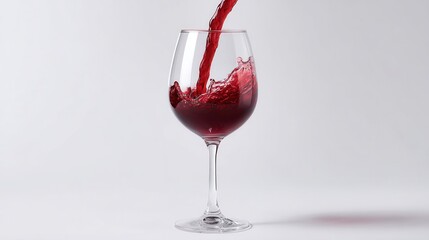 Crystal wine glass receives red wine with splash on seamless pure white background in high-speed freeze action