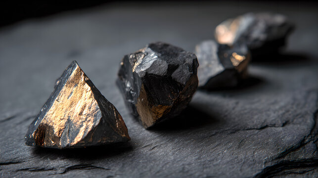 Raw molybdenum ore crystals on black shale with metallic reflections,showcasing strategic mineral resources and clean energy materials for industrial use.