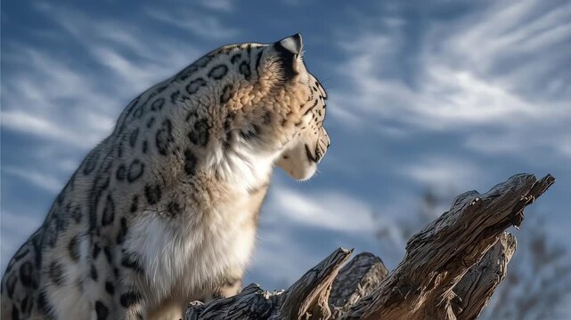 Snow leopard on a tree branch.
