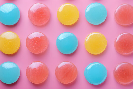 Colorful round candies in blue, yellow, and red arranged in a neat grid on a pink background.
