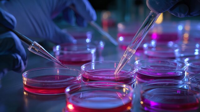 A scientist carefully transfers a sample using a pipette in a laboratory setting with multiple petri dishes.