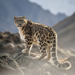 Obraz premium Snow Leopard Standing on Rocks in Misty Mountain Landscape