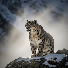Obraz premium Majestic Snow Leopard Perched on Snowy Rocks in Misty Mountains