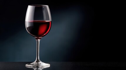 Wine glass filled with red wine on glossy black surface with reflection and low-key lighting in dark setting