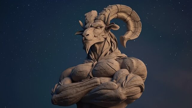 Statue of muscular horned mythical creature.