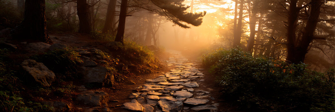 Ancient stone path winding through a misty pine forest at sunrise, with golden light filtering through the trees and illuminating the fog.