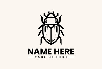 Fototapeta premium A black and white illustration of a beetle logo with placeholder text on a clean background, featuring a vector graphic design with an icon and pictogram elements.