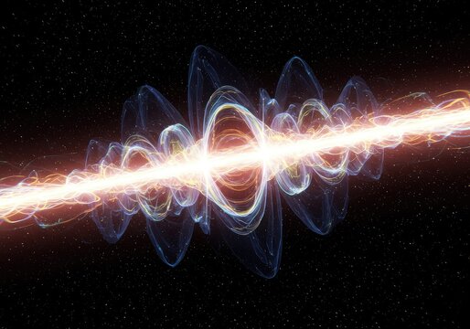 Hyperspace geometry visualization showing complex multidimensional wave patterns, iridescent light traveling through abstract cosmic energy fields ,structure ,pattern ,vibrant