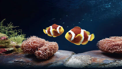 Two vibrant clownfish swim amidst vibrant coral reef, showcasing underwater beauty