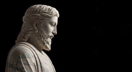 A beautiful marble sculpture depicting a divine, serene figure exhibiting spiritual purity and quiet devotion. This holy image is historic ,contemplation ,light ,religious artifact