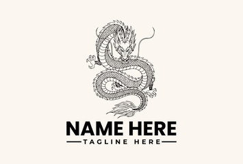 A black and white dragon logo with a placeholder text on a beige background, featuring an illustration of a mythical creature for branding purposes.