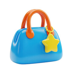 3d rendered vibrant blue handbag with orange handle and yellow star decoration