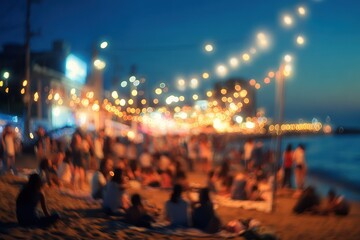 Blurred people dancing at night beach party