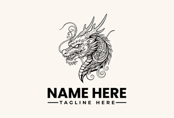 Fototapeta premium A black and white illustration of a dragon's head with swirling patterns, accompanied by placeholder text for a name and tagline on a beige background.