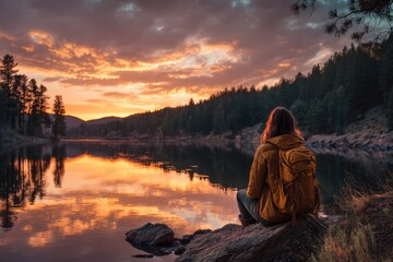 Scenic adventure woman watching mountain sunset