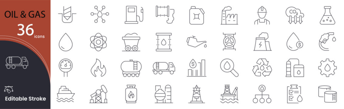 Oil and Gas icon set. Energy industry related line icons: oil rig, refinery, pipeline, drilling, fuel, gas pump, tanker, energy production, extraction and more. Editable stroke.