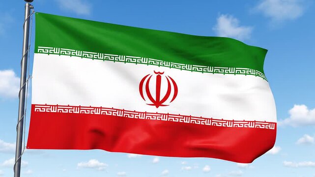 Iran national flag waving in the sky, green white red stripes, central emblem symbolizing Allah and tulip, Kufic script borders repeating Allahu Akbar, cultural identity, religious symbolism, patrioti