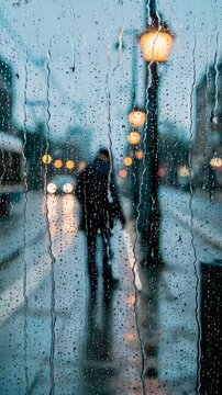 Blind man with white cane walking on rainy city street at night viewed through wet glass with glowing bokeh for disability inclusion accessibility and urban lifestyle storytelling