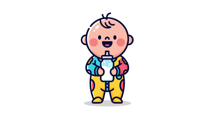 Cartoon Baby Holding Milk Bottle with Happy Expression 